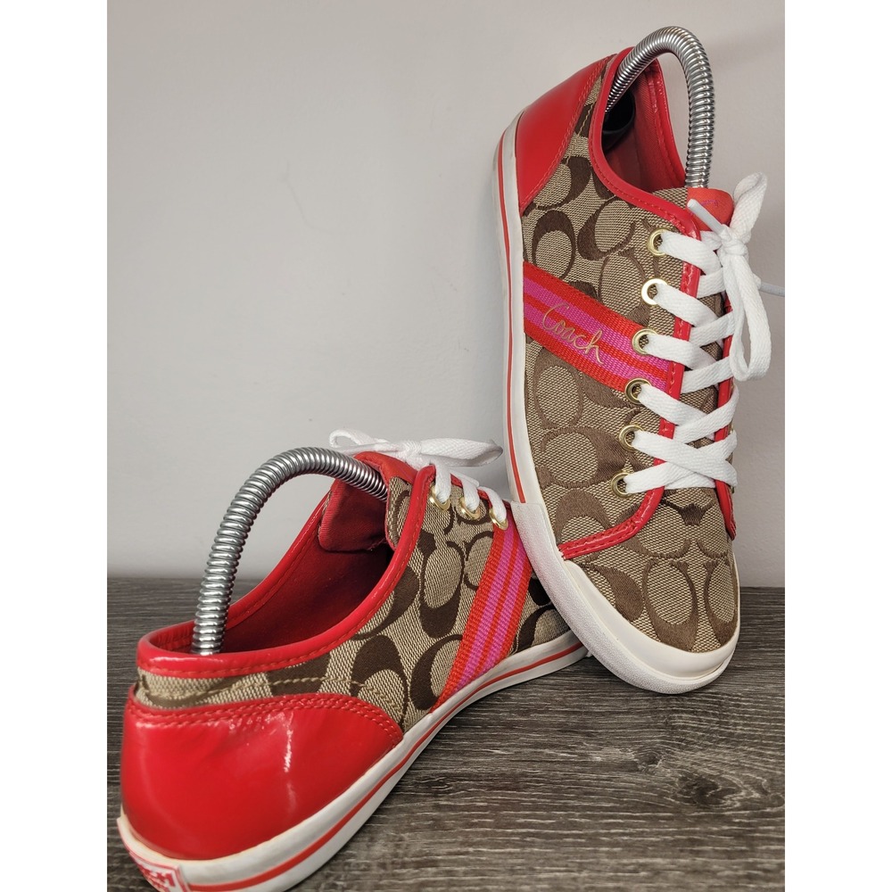 COACH Folly Womens 8.5 B Signature C Canvas Red Patent Trim Sneakers Q1024